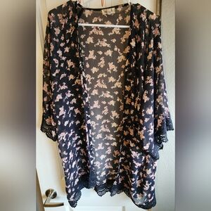 One World Black Floral Kimono